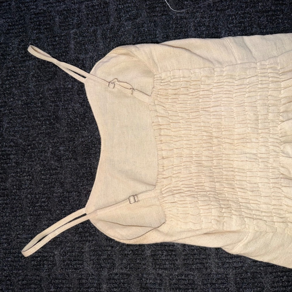 Cream Linen Blend Smocked Back Wide Leg Maxi Jumpsuit Adjustable Straps Boho - Picture 2 of 8